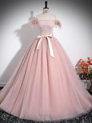 Sjarmerende Rødmende Rosa Beading Dusk Ballkjoler 2024 Ballkjole Strapless Uten Ermer Ryggløse Sløyfe Sash Lange Ball Formelle Kjoler