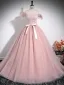 Charming Blushing Pink Beading Tassel Prom Dresses 2024 Ball Gown Strapless Sleeveless Backless Bow Sash Floor-Length / Long Prom Formal Dresses