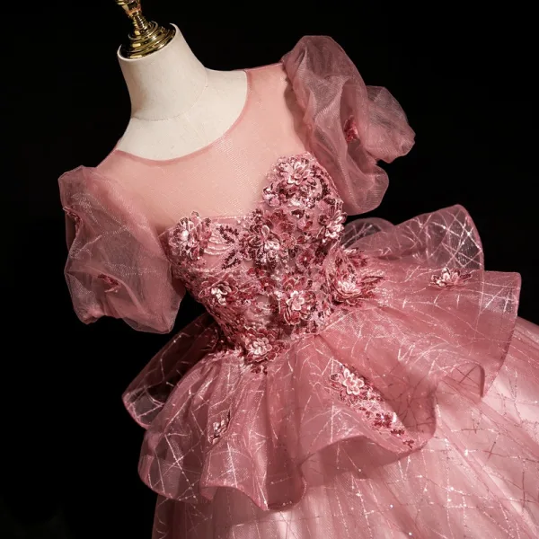 Elegant Blushing Pink Sequins Lace Flower Prom Dresses 2025 Ball Gown Scoop Neck Short Sleeve Backless Floor-Length / Long Prom Formal Dresses