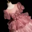 Elegant Blushing Pink Sequins Lace Flower Prom Dresses 2025 Ball Gown Scoop Neck Short Sleeve Backless Floor-Length / Long Prom Formal Dresses