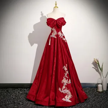 Elegant Red Beading Embroidered Prom Dresses 2025 A Line Princess Strapless Bow Sleeveless Backless Floor Length Long Formal Dresses