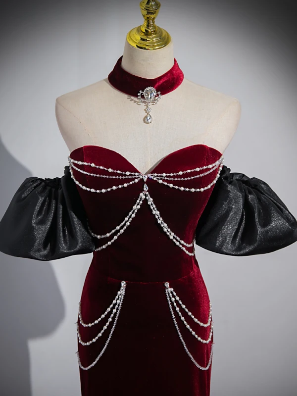 Sexy Burgundy Beading Pearl Velvet Evening Dresses 2023 Trumpet / Mermaid Off-The-Shoulder Short Sleeve Backless Sweep Train Evening Party Formal Dresses