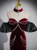 Sexy Burgundy Beading Pearl Velvet Evening Dresses  2023 Trumpet / Mermaid Off-The-Shoulder Short Sleeve Backless Sweep Train Evening Party Formal Dresses