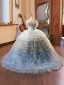 Charmant Bleu Ciel Perlage Perle Paillettes Volants en Cascade Anniversaire Robe Ceremonie Fille 2024 Robe Boule Encolure Dégagée Sans Manches Dos Nu Tribunal Train