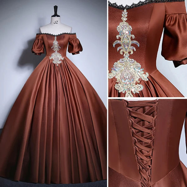 Vintage / Retro Brown Satin Prom Dresses 2023 Ball Gown Off-The-Shoulder Lace Flower Short Sleeve Sequins Backless Floor-Length / Long Prom Formal Dresses