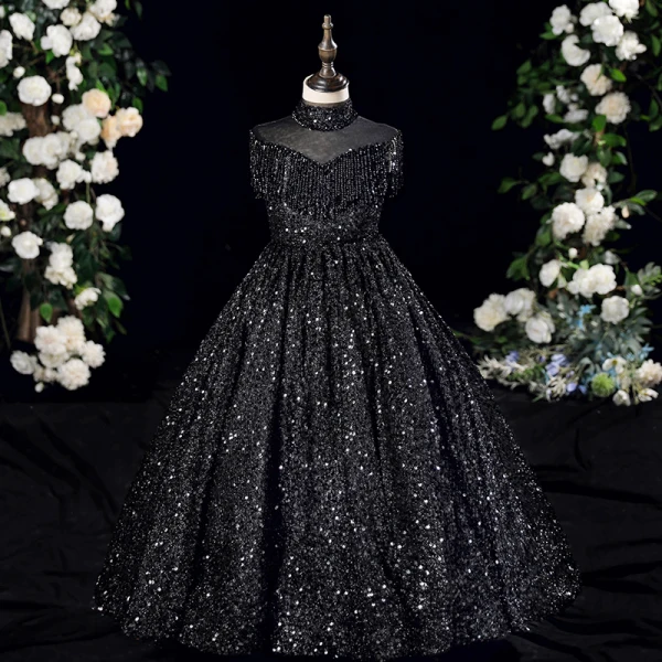 Sparkly Navy Blue Beading Tassel Sequins Birthday Flower Girl Dresses 2024 Ball Gown High Neck Sleeveless Floor-Length / Long