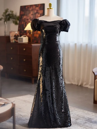 Sparkly Black Sequins Evening Dresses 2024 Trumpet Mermaid Off The Shoulder Puffy Short Sleeve Backless Floor Length Long Evening Party Formal Dresses
