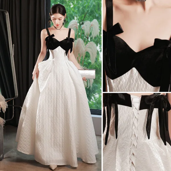 Fashion Ivory Prom Dresses 2022 A-Line / Princess Spaghetti Straps Sleeveless Backless Bow Floor-Length / Long Formal Dresses