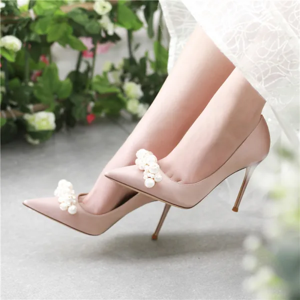 Schöne Weiß Perle Brautschuhe 2024 Leder 10 cm Stilettos Spitzschuh Hochzeit Pumps Hochhackige