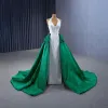 High-end Vintage / Retro Dark Green Prom Dresses 2023 A-Line / Princess Halter Sleeveless Backless Court Train Prom Formal Dresses