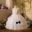 Chic / Beautiful White Pearl Bow Cascading Ruffles Birthday Flower Girl Dresses 2025 Ball Gown Scoop Neck Sleeveless Backless