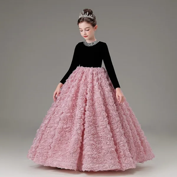 Chic / Beautiful Blushing Pink Appliques Sequins Birthday Flower Girl Dresses 2025 Ball Gown Scoop Neck Long Sleeve Floor-Length / Long