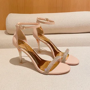 Sexy Champagne Soirée Faux Diamant Sandales Femme 2022 Bride Cheville 8 Cm Talons Aiguilles Talons Hauts Peep Toes Bout Ouvert Sandales