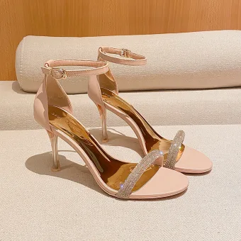 Sexy Champagne Soirée Faux Diamant Sandales Femme 2022 Bride Cheville 8 Cm Talons Aiguilles Talons Hauts Peep Toes Bout Ouvert Sandales