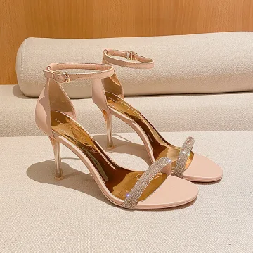 Sexy Champagne Soirée Faux Diamant Sandales Femme 2022 Bride Cheville 8 Cm Talons Aiguilles Talons Hauts Peep Toes Bout Ouvert Sandales