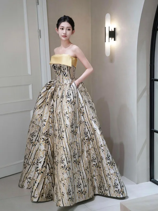 Elegant Candy Pink Printing Prom Dresses 2025 Ball Gown Strapless Sleeveless Backless Floor-Length / Long Prom Formal Dresses