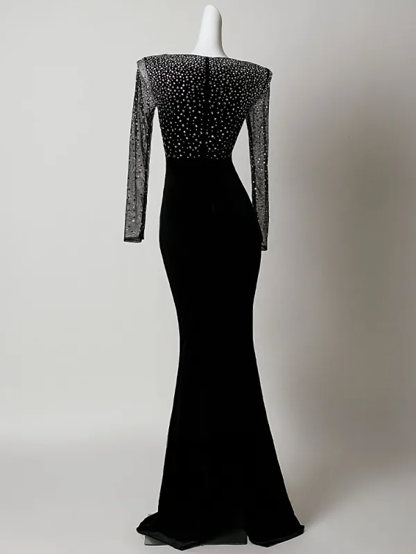 Sexy Black Sequins Evening Dresses 2026 Trumpet / Mermaid V-Neck Long Sleeve Floor-Length / Long Formal Dresses
