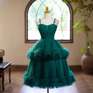 Vintage Retro Dark Green Lace Homecoming Prom Dresses 2024 Cascading Ruffles Ball Gown Spaghetti Straps Sleeveless Backless Tea Length Formal Dresses