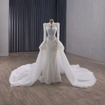 Luxury Gorgeous White Handmade Beading Sequins Lace Flower Wedding Dresses 2025 Trumpet Mermaid High Neck Long Sleeve Backless Royal Train Wedding
