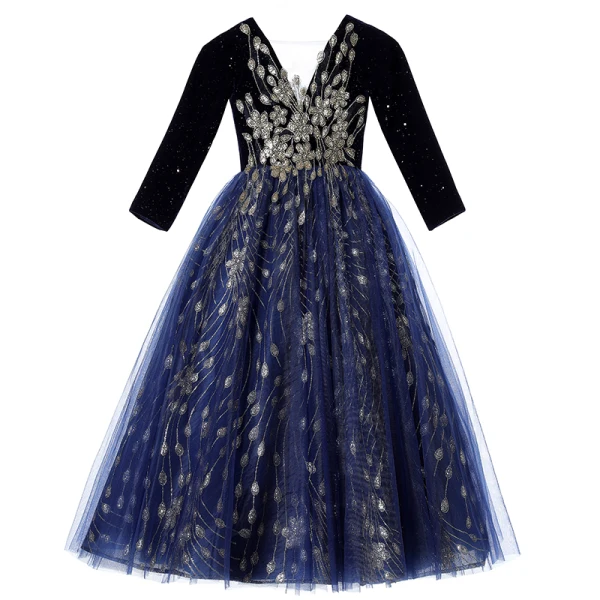 Vintage / Retro Navy Blue Glitter Sequins Birthday Flower Girl Dresses 2024 Ball Gown Scoop Neck Long Sleeve Backless Floor-Length / Long