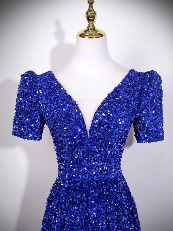 Sparkly Royal Blue Sequins Prom Dresses 2026 A-Line / Princess V-Neck Short Sleeve Backless Floor-Length / Long