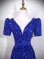 Sparkly Royal Blue Sequins Prom Dresses 2026 A-Line / Princess V-Neck Short Sleeve Backless Floor-Length / Long