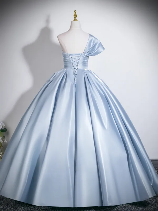 Chic / Beautiful Sky Blue Prom Dresses 2026 Ball Gown One-Shoulder Short Sleeve Backless Floor-Length / Long Formal Dresses