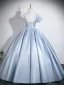 Chic / Beautiful Sky Blue Prom Dresses 2026 Ball Gown One-Shoulder Short Sleeve Backless Floor-Length / Long Formal Dresses