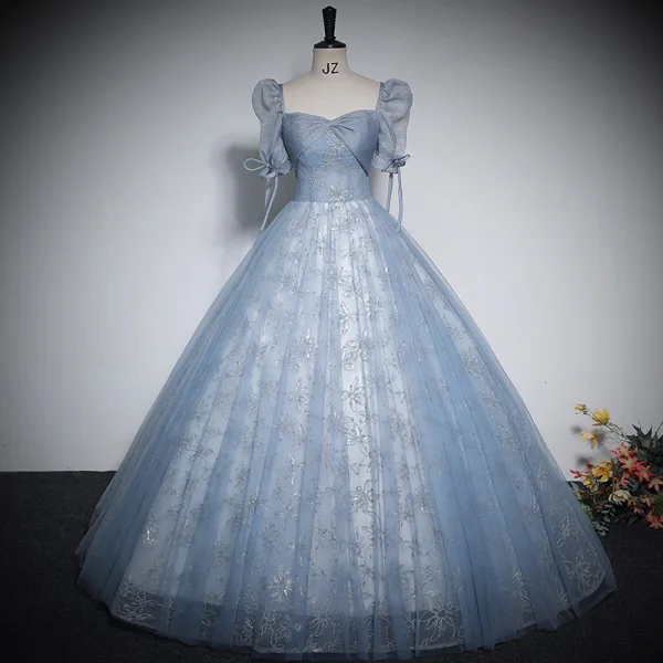 Elegant Champagne Printing Prom Dresses 2023 Ball Gown Square Neckline Short Sleeve Backless Floor-Length / Long Prom Formal Dresses