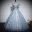 Elegant Champagne Printing Prom Dresses 2023 Ball Gown Square Neckline Short Sleeve Backless Floor-Length / Long Prom Formal Dresses