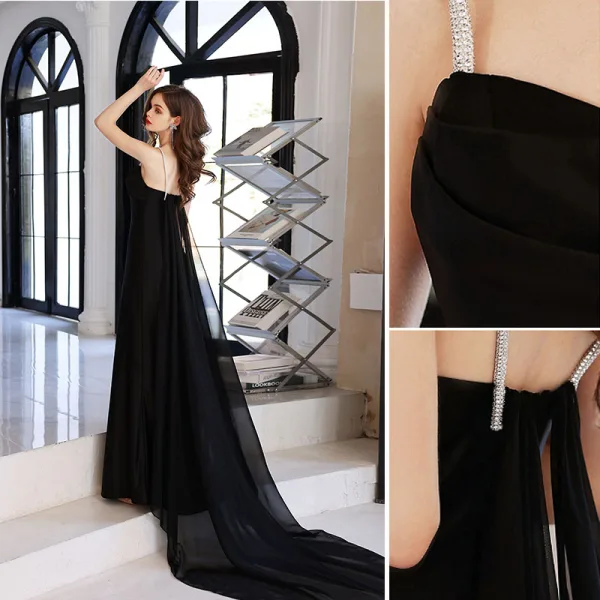 Sexy Noire Chiffon Robe De Soirée 2022 Princesse Bretelles Spaghetti Sans Manches Dos Nu Soirée Tribunal Train Robe De Ceremonie