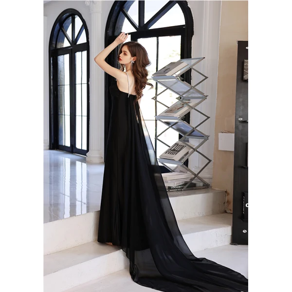 Sexy Black Chiffon Evening Dresses 2022 A-Line Princess Spaghetti Straps Sleeveless