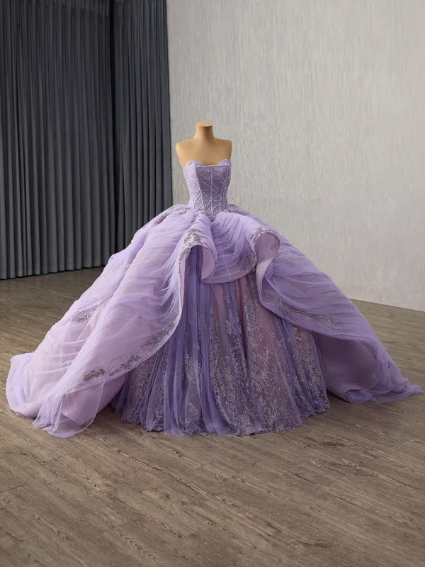 Luxury / Gorgeous Purple Handmade  Beading Sequins Cascading Ruffles Prom Dresses 2025 Ball Gown Strapless Sleeveless Backless Chapel Train Prom Formal Dresses