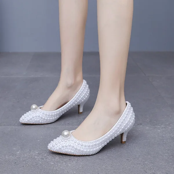 Elegante Witte Parel Bruidsschoenen 2025 5 cm Naaldhakken / Stiletto Spitse Neus Huwelijk Pumps Hoge Hakken