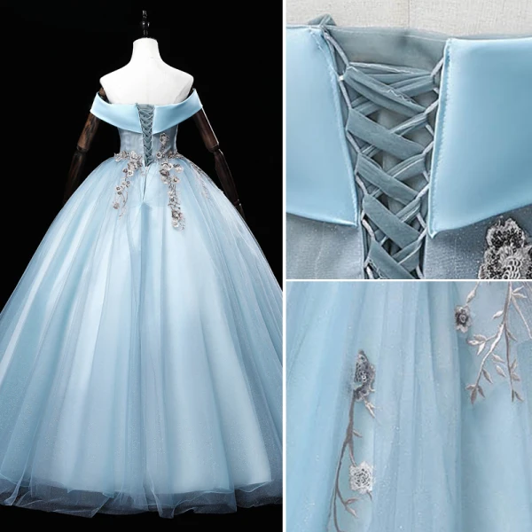Elegant Sky Blue Sequins Lace Flower Prom Dresses 2022 Ball Gown Off-The-Shoulder Sleeveless Backless Floor-Length / Long Prom Formal Dresses