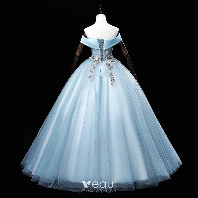 Illusion Sky Blue Cinderella Prom Dresses 2021 Ball Gown Rhinestone  Spaghetti Straps Sleeveless Backless Floor-Length /