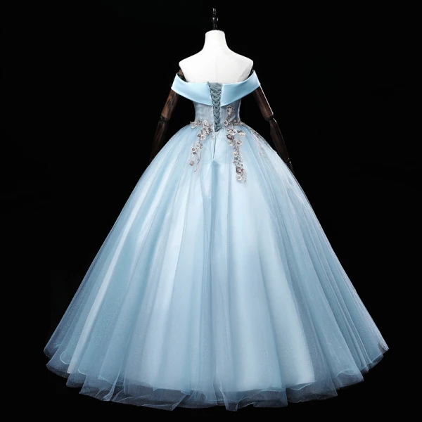 Elegant Sky Blue Sequins Lace Flower Prom Dresses 2022 Ball Gown Off-The-Shoulder Sleeveless Backless Floor-Length / Long Prom Formal Dresses
