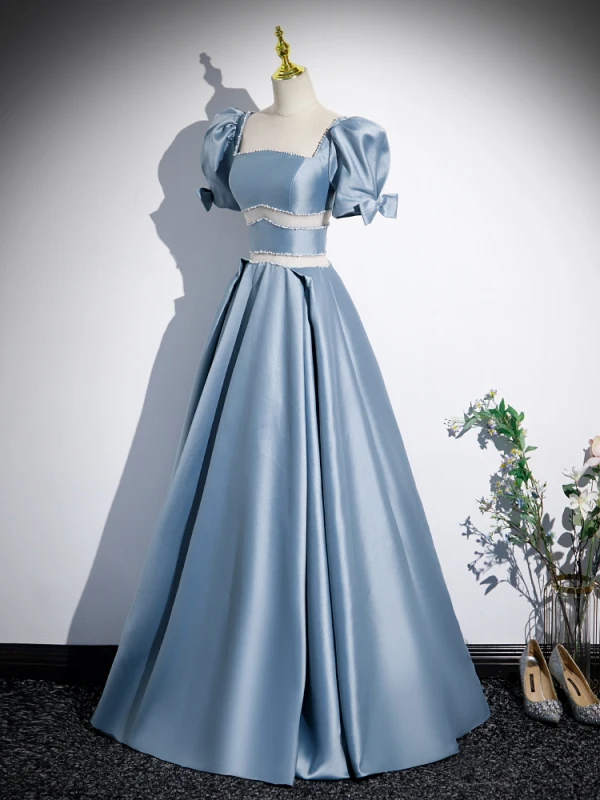 Chic / Beautiful Sky Blue Satin Pearl Prom Dresses 2023 A-Line / Princess Square Neckline Short Sleeve Backless Floor-Length / Long Formal Dresses