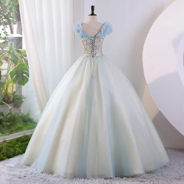 Modern / Fashion Sky Blue Glitter Beading Sequins Prom Dresses 2023 Ball Gown Strapless Sleeveless Backless Floor-Length / Long Prom Formal Dresses
