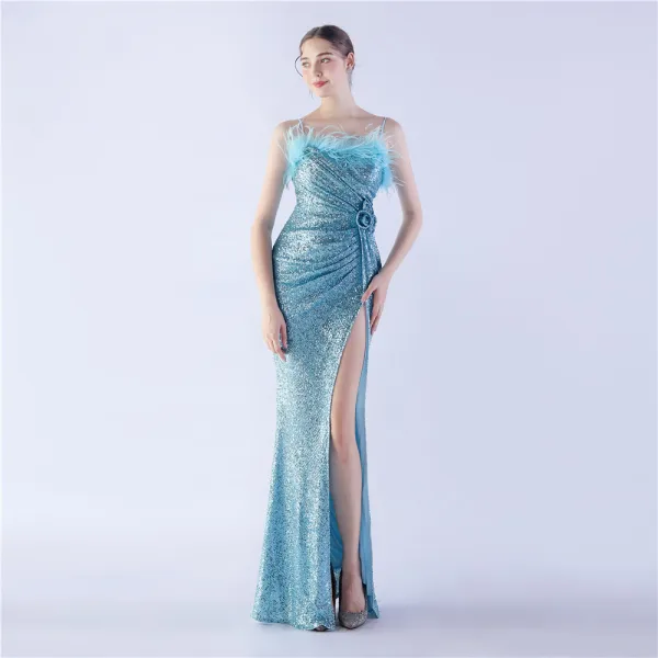 Charmant Bleu Marine Paillettes Fendue devant Robe De Soirée 2024 Trompette / Sirène Bretelles Spaghetti Gland Sans Manches Dos Nu Longue Soirée Robe De Ceremonie
