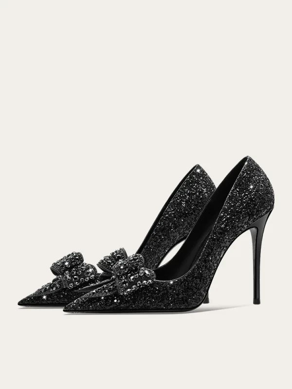 Bling Bling Noire Faux Diamant Paillettes Noeud Promo Escarpins 2024 10 cm Talons Aiguilles À Bout Pointu Escarpins Talons Hauts
