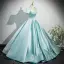 Chic Vert Citron Satin Robe De Bal 2025 Robe Boule Encolure Carrée Manches Courtes Dos Nu Noeud Longue Promo Robe De Ceremonie