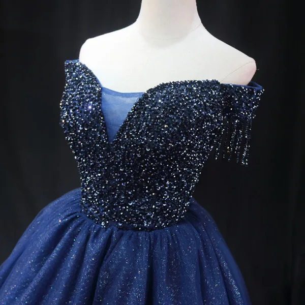 Vintage / Retro Navy Blue Beading Sequins Prom Dresses 2024 Ball Gown Off-The-Shoulder Short Sleeve Backless Floor-Length / Long Formal Dresses