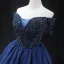 Vintage / Retro Navy Blue Beading Sequins Prom Dresses 2024 Ball Gown Off-The-Shoulder Short Sleeve Backless Floor-Length / Long Formal Dresses