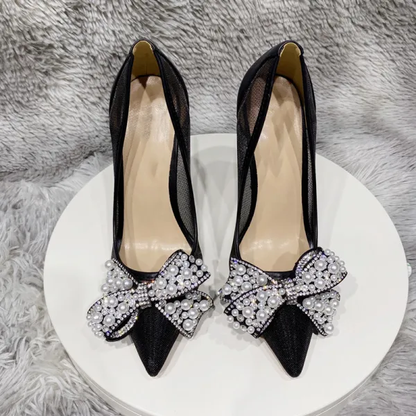 Charming Black Evening Party Rhinestone Pearl Bow Pumps 2022 12 cm Stiletto Heels Pointed Toe Pumps High Heels