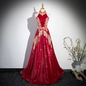 Charming Burgundy Beading Rhinestone Sequins Prom Dresses 2024 A Line Princess High Neck Sleeveless Backless Floor Length Long Prom Formal Dresses