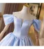 Fashion Sky Blue Pearl Short Homecoming Graduation Dresses 2025 A-Line / Princess Off-The-Shoulder Short Sleeve Backless Formal Dresses