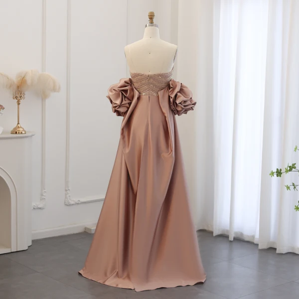 Haut de Gamme Champagne Fait main Perlage Paillettes Robe De Soirée 2024 Trompette / Sirène Bustier Volants Manches Courtes Dos Nu Longue Soirée Robe De Ceremonie