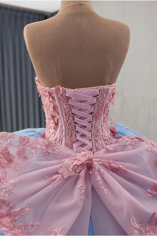 Flower Fairy Pool Blue Pearl Lace Flower Appliques Prom Dresses 2025 Ball Gown Off-The-Shoulder Short Sleeve Backless Bow Royal Train Formal Dresses