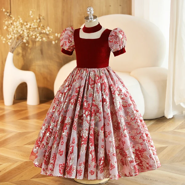 Chic / Beautiful Burgundy Printing Birthday Flower Girl Dresses 2023 Ball Gown Square Neckline Short Sleeve Backless Floor-Length / Long Flower Girl Dresses